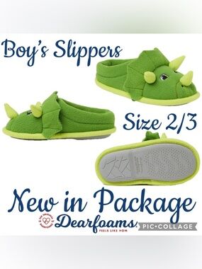 Dearfoams Kid's Peyton Dinosaur Green Slip-On Clog House Slipper Size 2-3 NEW